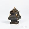 Wedgwood Chinese-style Gilt Black Basalt Incense Burner and Cover, England, 1871, pierced cover with foo lion mask finial, bulging square shape with e