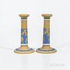 Pair of Wedgwood Yellow Jasper Dip Candlesticks, England, 19th century, applied blue classical figures bordered with arabesque flowers and foliate ban