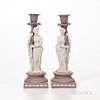 Pair of Wedgwood Lilac and White Jasper Figural Candlesticks