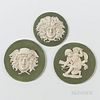 Three Wedgwood Green Jasper Dip Plaques, England, 19th century, each roundel with applied white relief, one each depicting Cupid Stringing His Bow, di