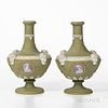 Pair of Wedgwood Four Color Jasper Dip Barber Bottles, England, c. 1882, green ground with lilac medallions, yellow floral festoons, fruiting grapevin