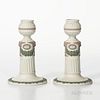 Pair of Wedgwood Tricolor Jasper Candlesticks, England, late 19th century, solid white with applied relief in lilac, green and white with classical me