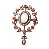 Rubies, Opal, Seed pearls & 14k Pendant Brooch