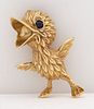 14K Yellow Gold Sapphire Baby Bird Brooch / Pin
