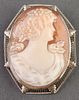 14K White Gold Shell Cameo Brooch, Vintage