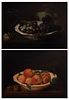 Spanish School, XVII century. 
"Still life with peaches" and "Still life with grapes and wine". 
Oil on boards.