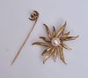 14k Gold Pearl Brooch and Diamond Stick pin