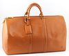 Louis Vuitton Keepall Brown Epi Calf Leather 50 Travel Bag, with golden brass hardware, opening to a brown suede interior, the exterior with an open s