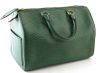 Louis Vuitton Speedy Green Epi Calf Leather 25 Handbag, with black stitching and golden brass hardware, opening to a green suede interior with a black