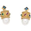 PAIR OF STUD EARRINGS WITH CUTLURED PEARLS, SAPPHIRES, EMERALDS AND RUBIES IN 18K YELLOW GOLD Weight: 8.4 g | PAR DE BROQUELES CON PERLAS CULTIVADAS, 