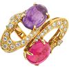 RING WITH TOURMALINE, AMETHYST AND DIAMONDS in 18K YELLOW GOLD, 1 Tourmaline and 1 Amethyst in cabochon cut, ~7.0 ct. Size: 5 ¾ | ANILLO CON TURMALINA