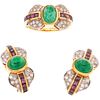 SET OF RING AND PAIR OF EARRINGS WITH EMERALDS, RUBIES AND DIAMONDS IN 18K YELLOW GOLD Weight: 18.5 g | JUEGO DE ANILLO Y PAR DE ARETES CON ESMERALDAS