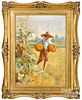 Adam Albright oil on canvas of a boy with pumpkins