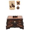 LOT OF 3 ITEMS EUROPE/MEXICO, 19TH CENTURY 1.- Carved wooden chest 3.7 x 5.9 x 5.1" (9.5 x 15 x 13 cm) 2.-Card with portrait of Maximilian 3.-Medal | 