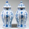 Pair of Chinese Export Style Faceted Blue and White Baluster Jars and Covers