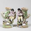 Pair of English Pearl Glazed Pottery Spill Vases of Musicians