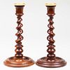 Pair of Victorian Turned Yew Wood Candlesticks
