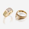 A pair of fourteen karat gold and diamond rings