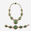 A fourteen karat gold, jadeite jade, enamel, and seed pearl necklace with matching bracelet