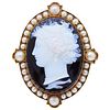 LUIGI ROSI, ROMA. ANTIQUE CARVED HARDSTONE CAMEO AND PEARL BROOCH/PENDANT