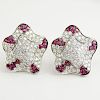 Pair of Lady's Approx. 5.0 Carat Round Cut Diamond, Ruby and 18 Karat White Gold Earrings