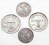 Cuatro monedas Onza Troy de plata Ley .925 y .999. Peso: 98.0 g.