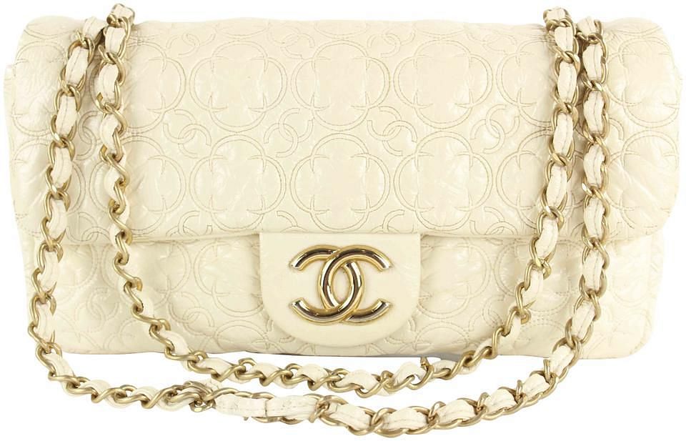 Chanel Cream Quilted Flower Embossed Medium Gold Chain for sale at
