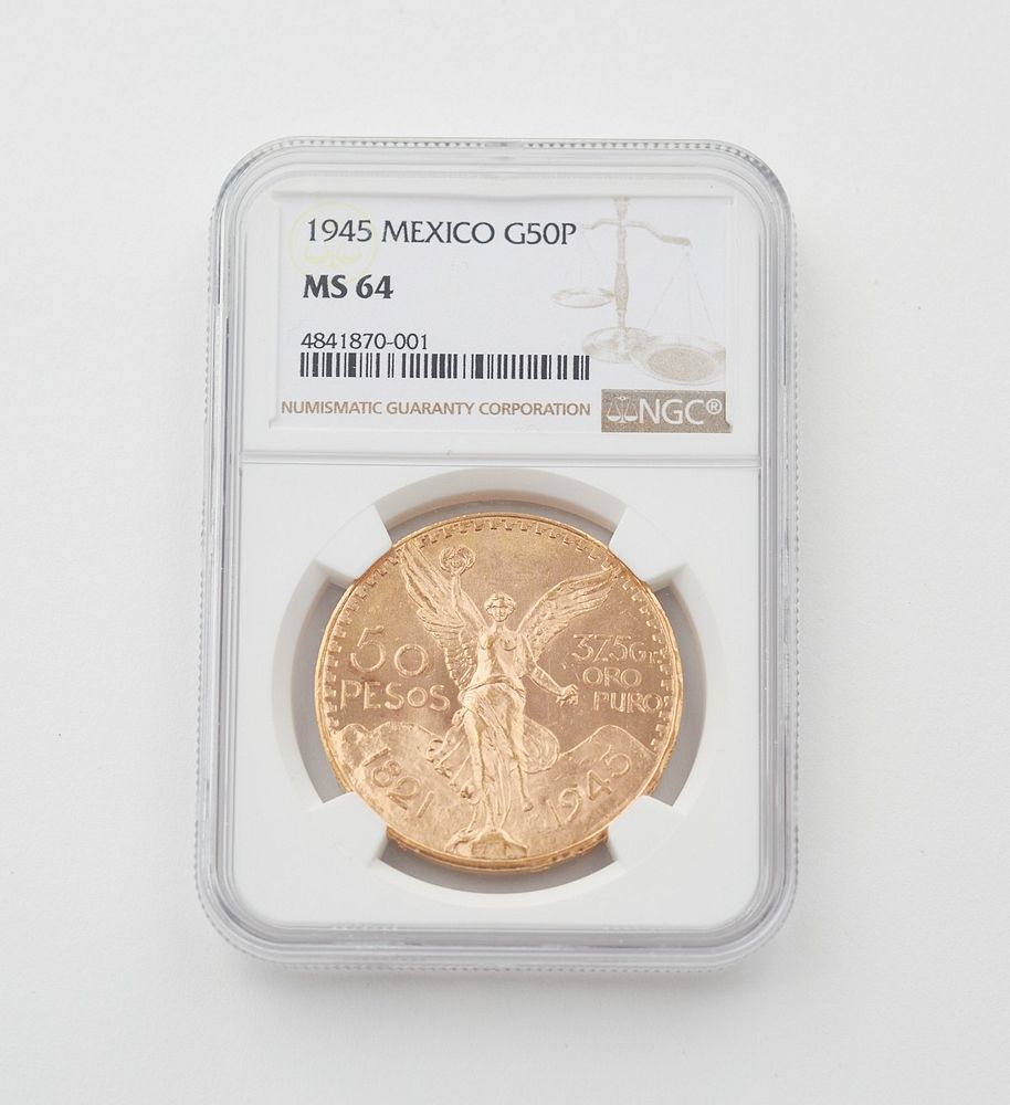 1945 Mexico 50 Pesos Gold Coin NGC MS64 sold at auction on 16th March |  Revere Auctions