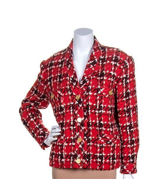 A Chanel Red, White and Black Tweed Jacket, Jacket size 38. sold at auction  on 13th September