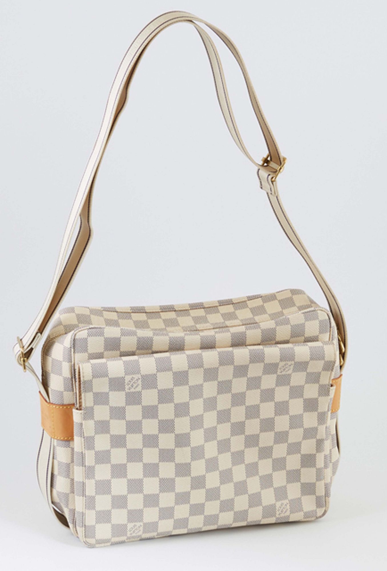 Louis Vuitton Ivory Coated Canvas Damier Azur Naviglio Shoulder Bag, the  double flaps with golden snaps, opening to two side pockets lined with  beige sold at auction on 2nd December
