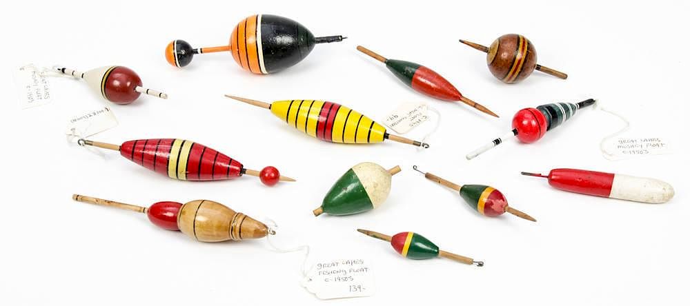 Group of 12 Vintage Folk Art Fishing Bobbers sold at auction on 23rd  November