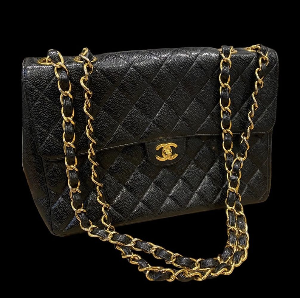 Chanel Authentic Caviar Single Flap Jumbo Black Shoulder Chain Bag