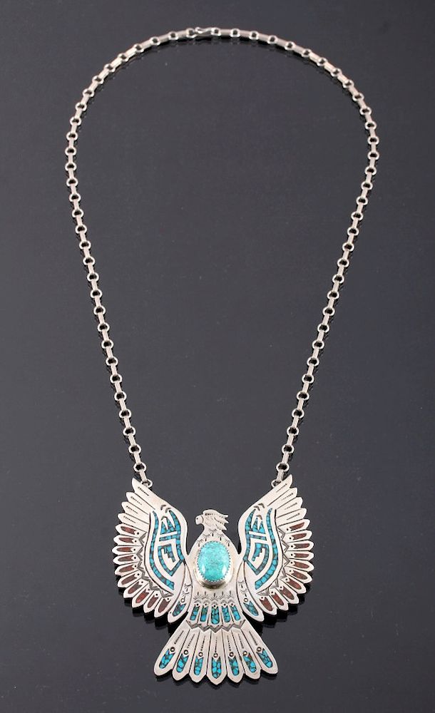 Navajo Sterling Silver Turquoise Eagle Necklace sold at auction on 