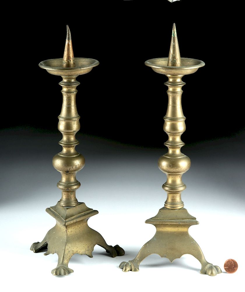 Early 19th C. French Brass Pricket Candlesticks (pr) for sale at