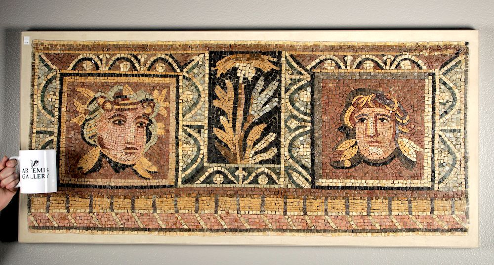 Roman Stone Mosaic - Two Theater Masks & Botanical sold at auction