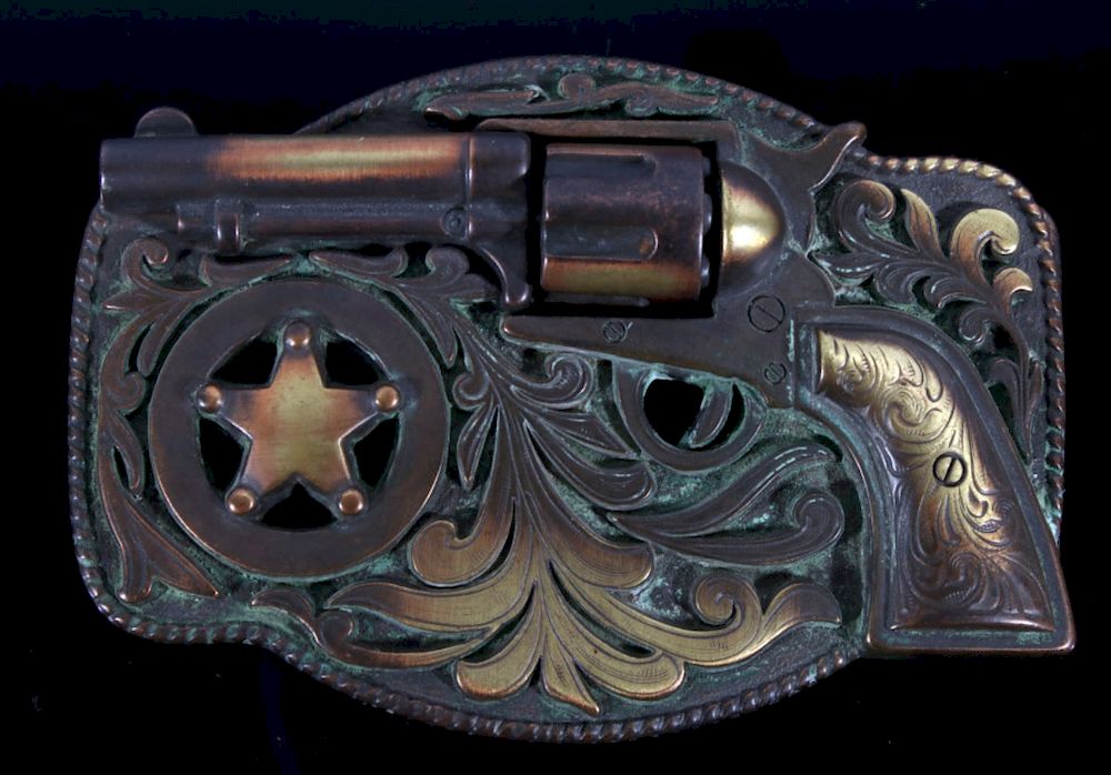 Solid Brass Belt Buckle Pistol Revolver Vintage Collectible Missing Prong 