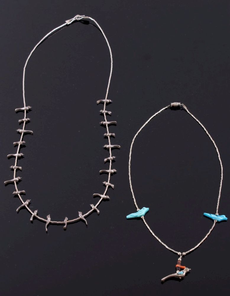 Two Navajo Native American Bird Fetish Necklaces sold at auction