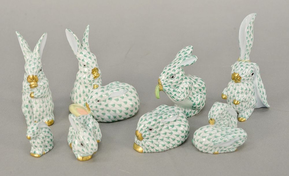 Herend Celebration Bunny Rabbit Porcelain Figurine Green Fishnet