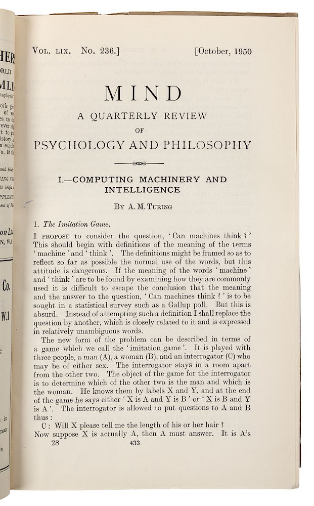 zitten aankomst Mevrouw TURING, Alan Mathison. "Computing machinery and intelligence." In: Mind,  Vol. 59, No. 236, pp. 433-60. Edinburgh: Thomas Nelson & Sons, October 1950.  sold at auction on 5th November | Bidsquare