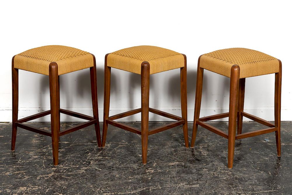 Set Of Three Mcguire Woven Modern Bar, Mcguire Counter Stools