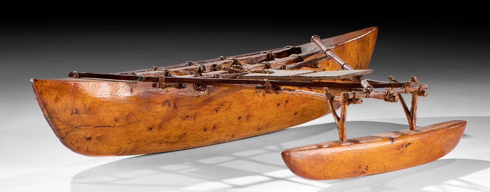 Wood Outrigger Canoe Model, Vintage Wooden Outrigger Canoe