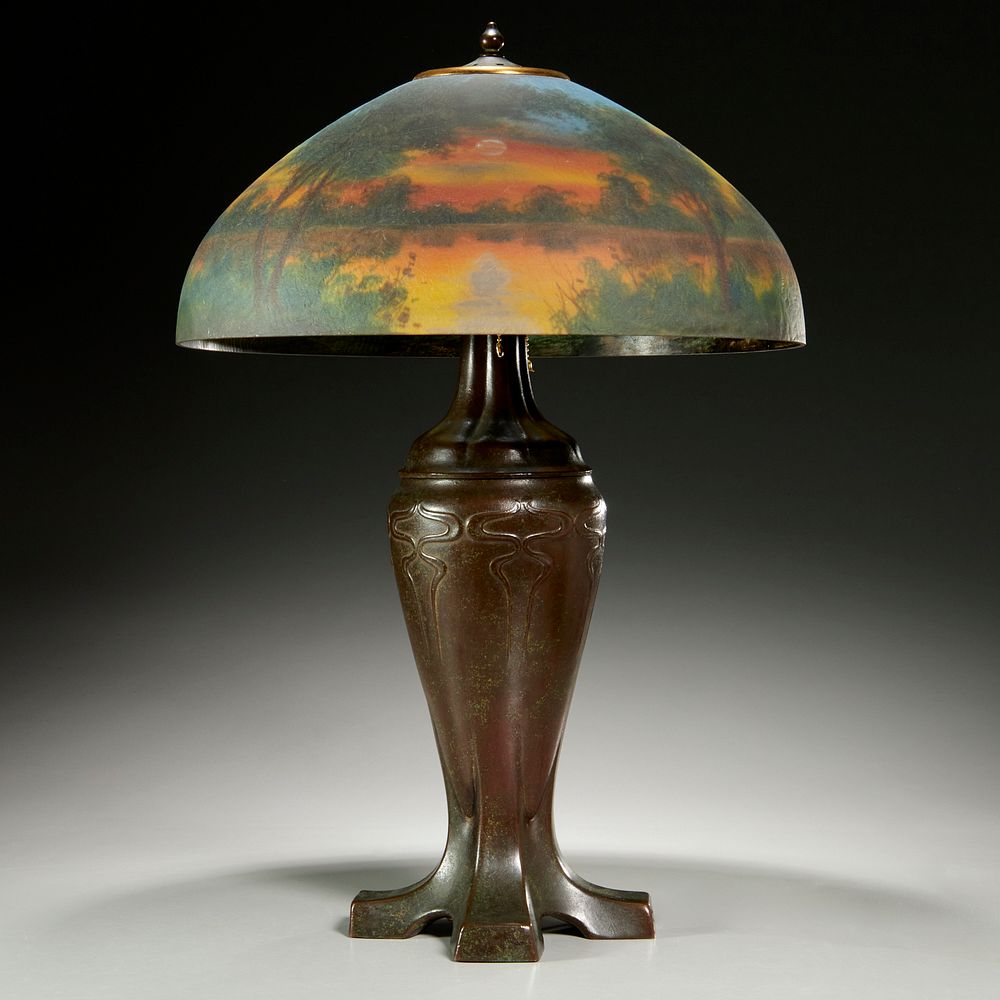 Jefferson Reverse Painted Scenic Table, Antique Jefferson Table Lamps